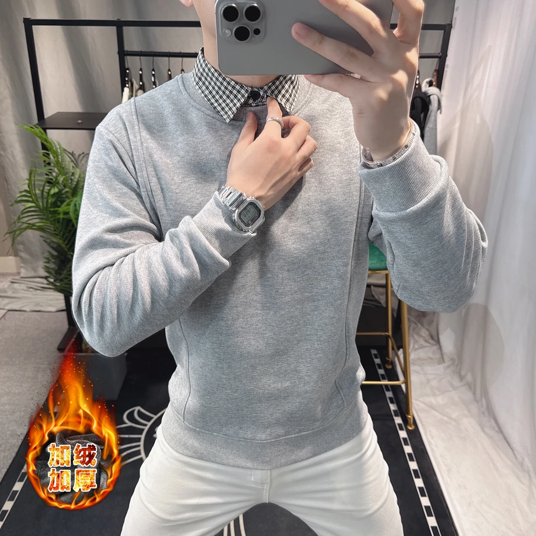 欧洲站假两件衬衫领卫衣男灰色高级感加绒休闲长袖上衣男装穿搭潮