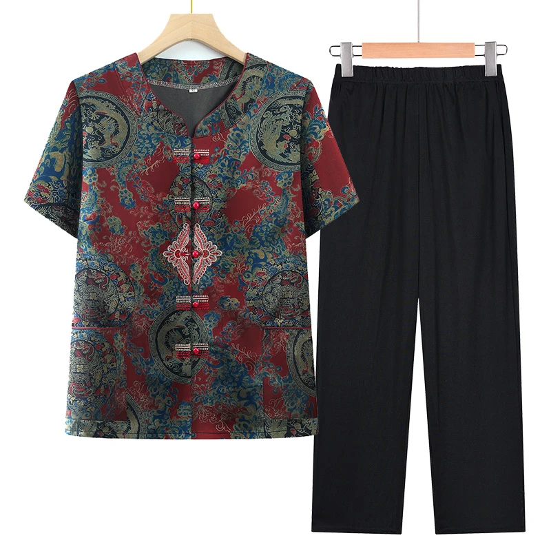 小个子老太太夏装奶奶短袖冰丝老年人夏季套装女妈妈中式唐装上衣