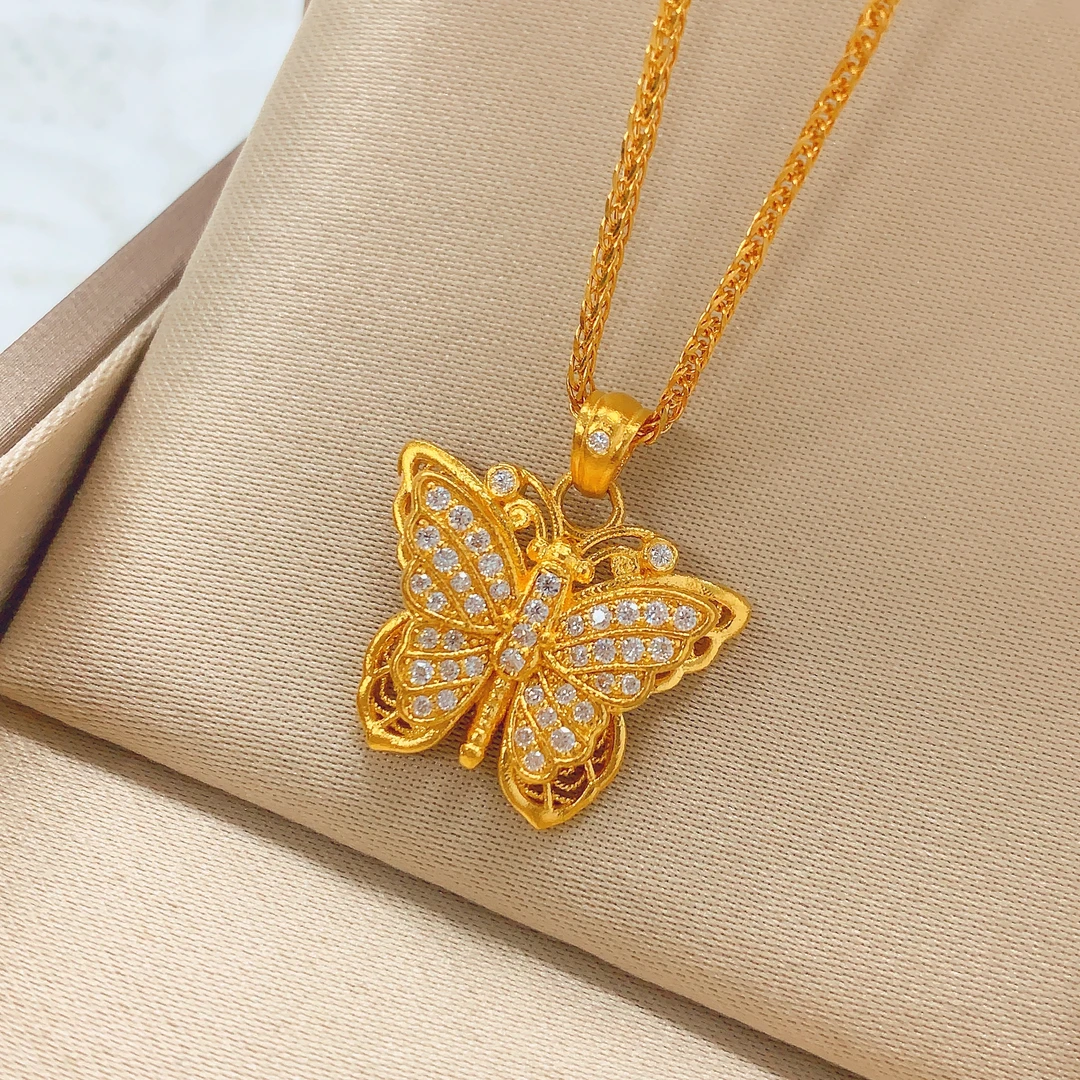 【水贝黄金】足金999古法镶嵌双层蝴蝶镶嵌吊坠N300