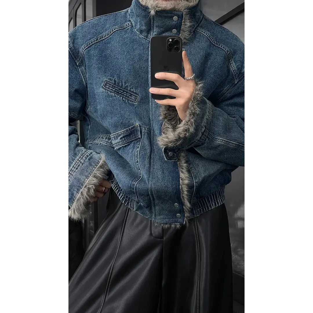 龙刀刀秋冬新品潮流美式复古牛仔拼接座山雕加厚毛领宽松夹克外套
