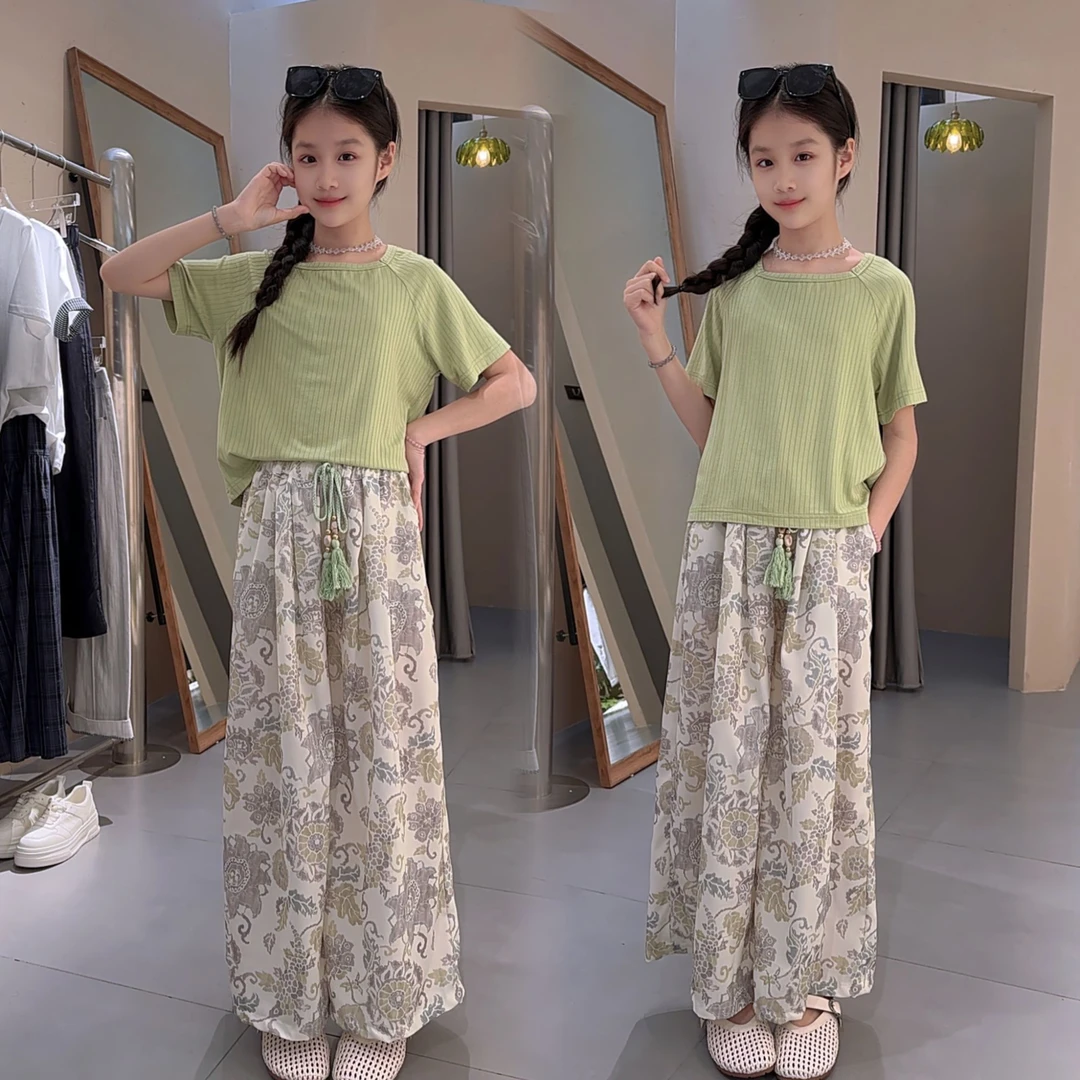 女童夏季套装薄款外穿女大童防蚊裤儿童夏天针织衫短袖冰丝阔腿裤
