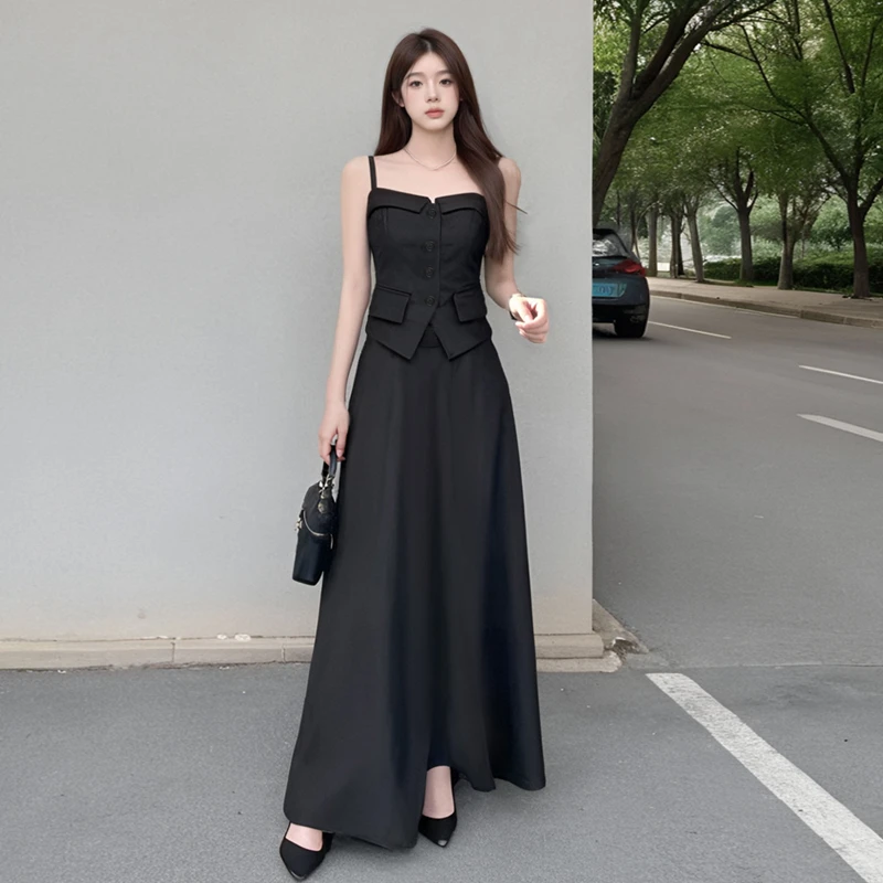 韩系高级感两件套装气质单排扣收腰吊带上衣女高腰中长款半身裙