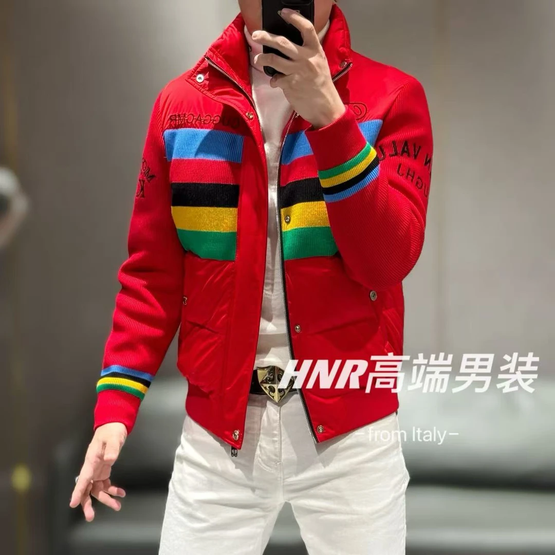 撞色条纹拼接设计高端时尚大气百搭男士针织羽绒服9188
