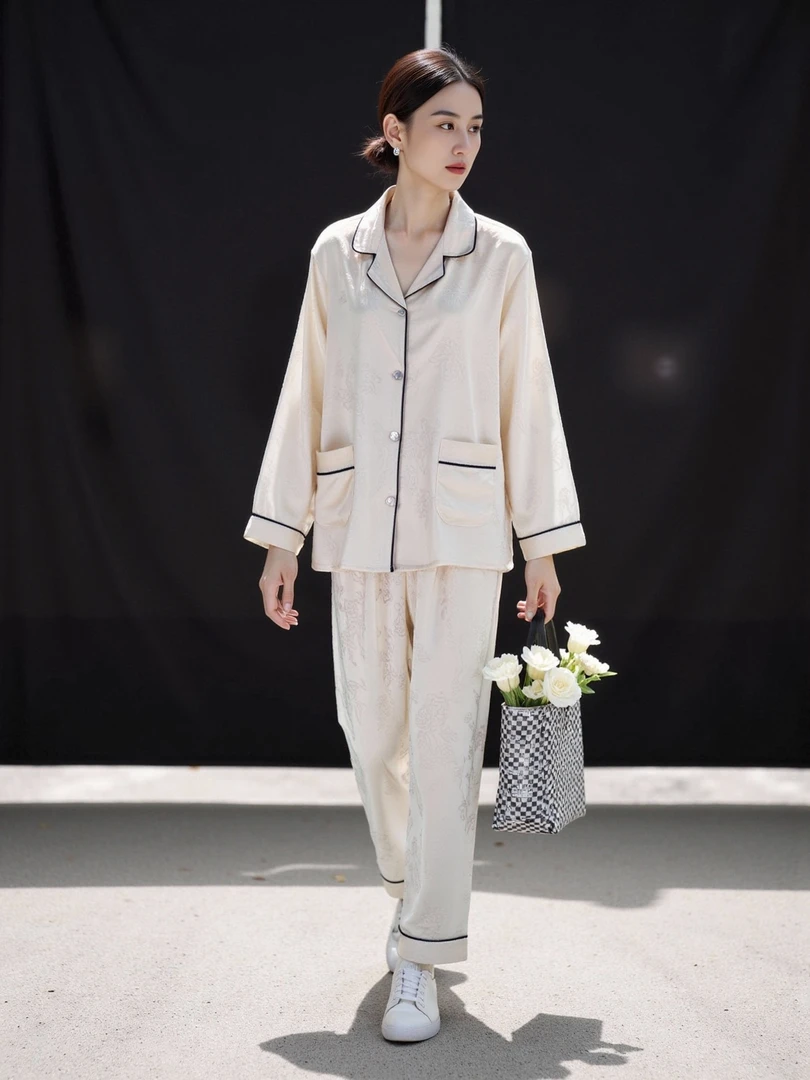 【2件套】春夏款舒适仿真丝印花家居服薄款睡衣夏季女士两件套夏款