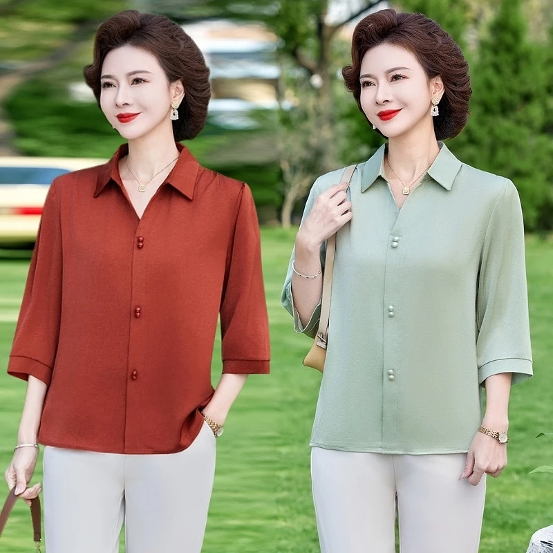 2025时尚妈妈夏装上衣服中老年洋气宽松新款T恤七分袖上衣小衫潮