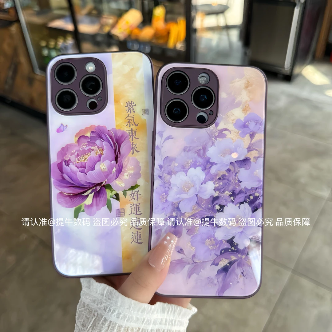 苹果/小米/华为/荣耀/OPPO/VIVO 花开艳艳金属漆钢化玻璃手机壳
