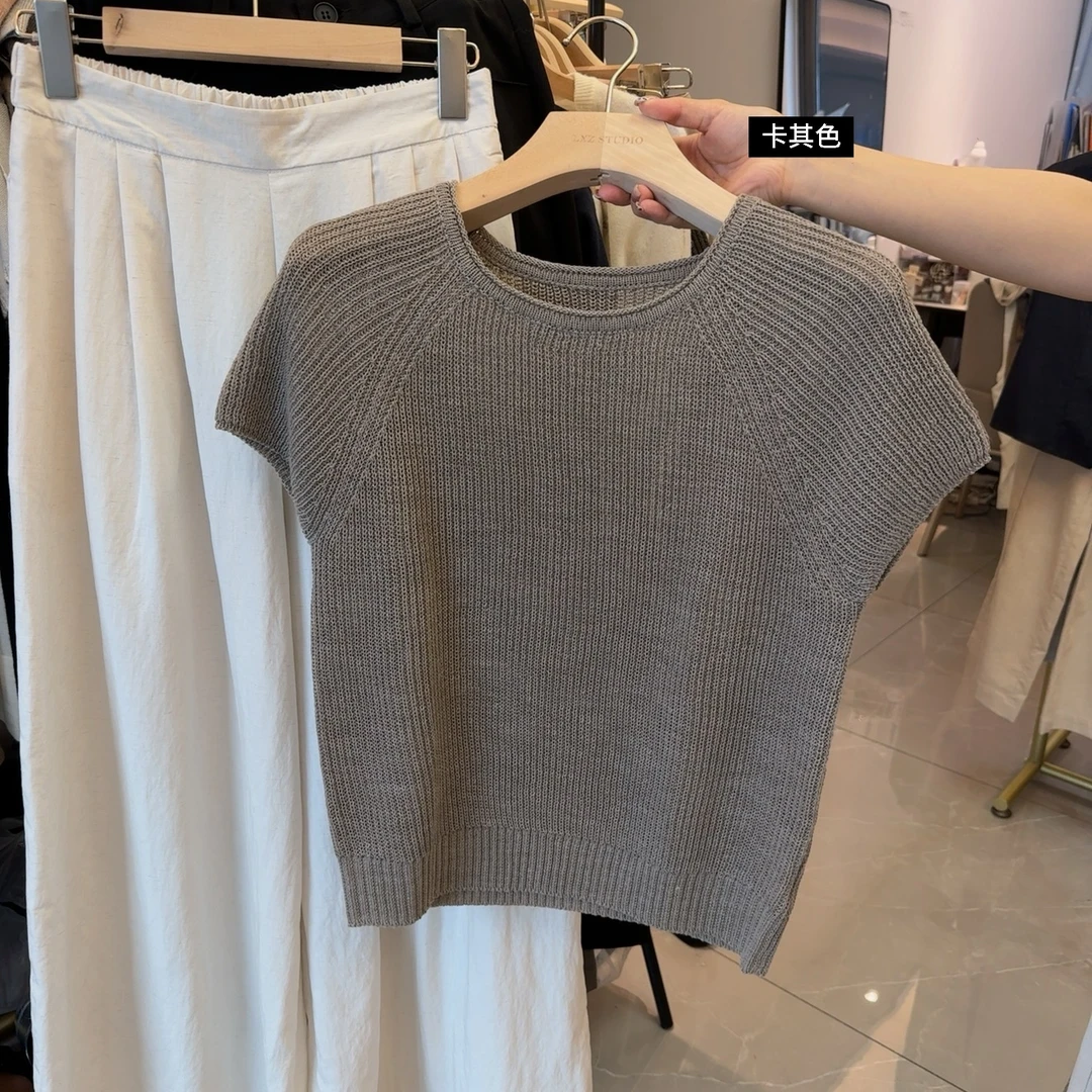 简约休闲清爽舒适夏季冰丝薄款短袖针织衫轻奢小众高级感女装T恤