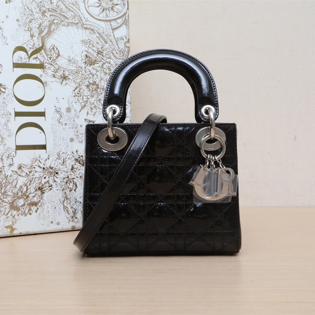 95新 DIOR/迪奥 【黑黑】戴妃包 三格 皮肩带 黑色 漆皮 2013