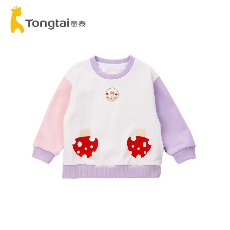 Tongtai/童泰春秋女宝宝单层蘑菇刺绣小鹿宽松拼色卫衣