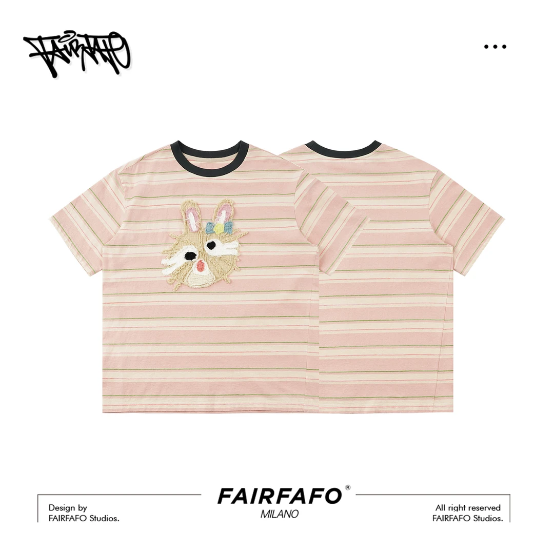 【可爱兔子撞色短袖】洋气大码条纹T恤女2025新款TXDL52156