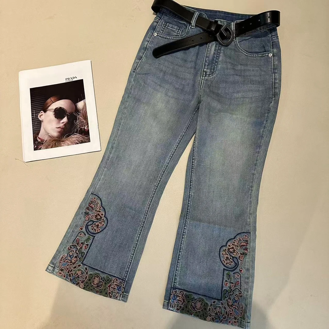 《姚家优麦汇》K6190夏款国风微喇烟管牛仔裤新款时尚休闲百搭裤女