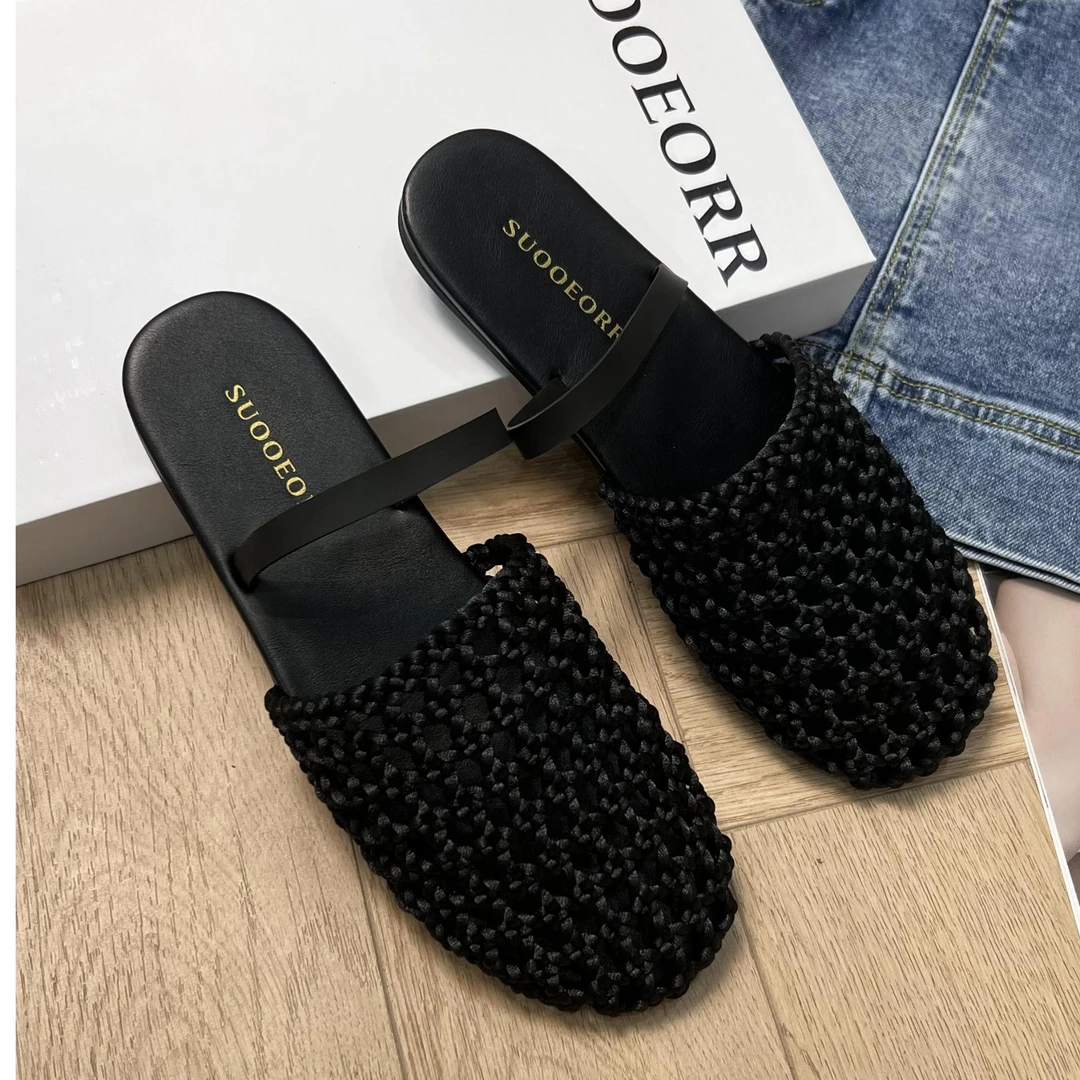 索尔/SUOOEORR欧货真皮女鞋平底网面透气包头度假风一字拖凉拖鞋