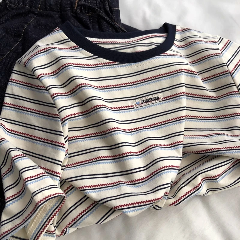 2025年夏季新款复古提花波浪条纹撞色圆领T恤女