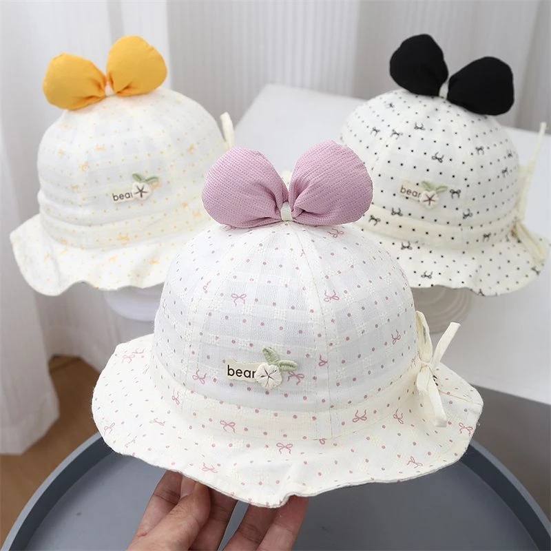 女宝宝春秋季薄款渔夫帽蝴蝶结公主风超萌抽绳出游洋气盆帽子潮帽