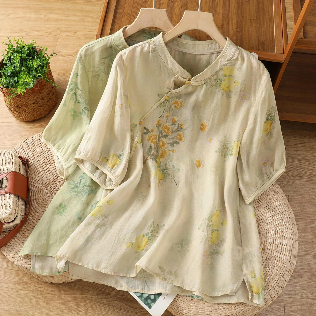 新中式立领斜襟印花苎麻衬衫女夏季国风禅意改良唐装棉麻中袖上衣