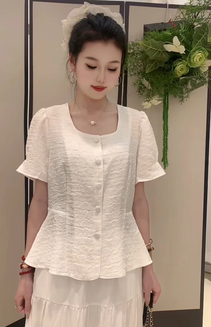 TU姐 夏季大码法式时尚百搭提花喇叭袖荷叶边衬衫上衣短袖显瘦