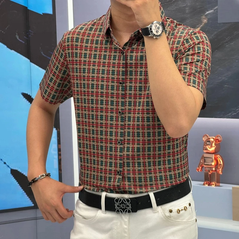 夏季（轩诚）桑蚕丝莱赛尔印花格子商务休闲轻奢时尚百搭短袖衬衫