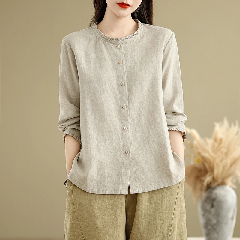 拼接木耳边休闲风宽松型设计感纯色圆领长袖排扣衬衫女装上衣外套