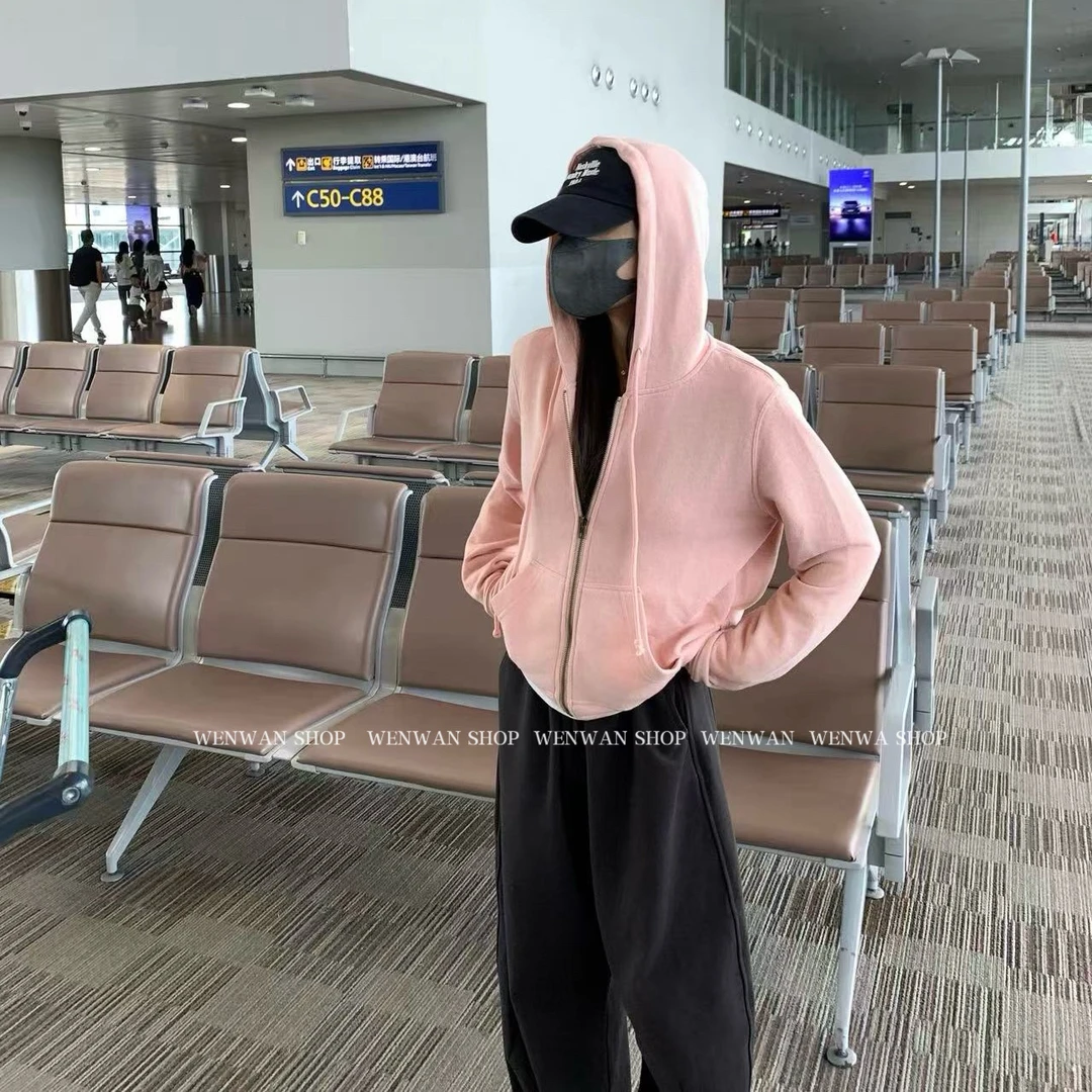 【舒适出走】粉色新款宽松连帽拉链卫衣开衫
