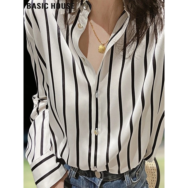 Basic House/百家好轻奢翻领竖条纹缎面衬衫女士夏季薄款防晒衬衫