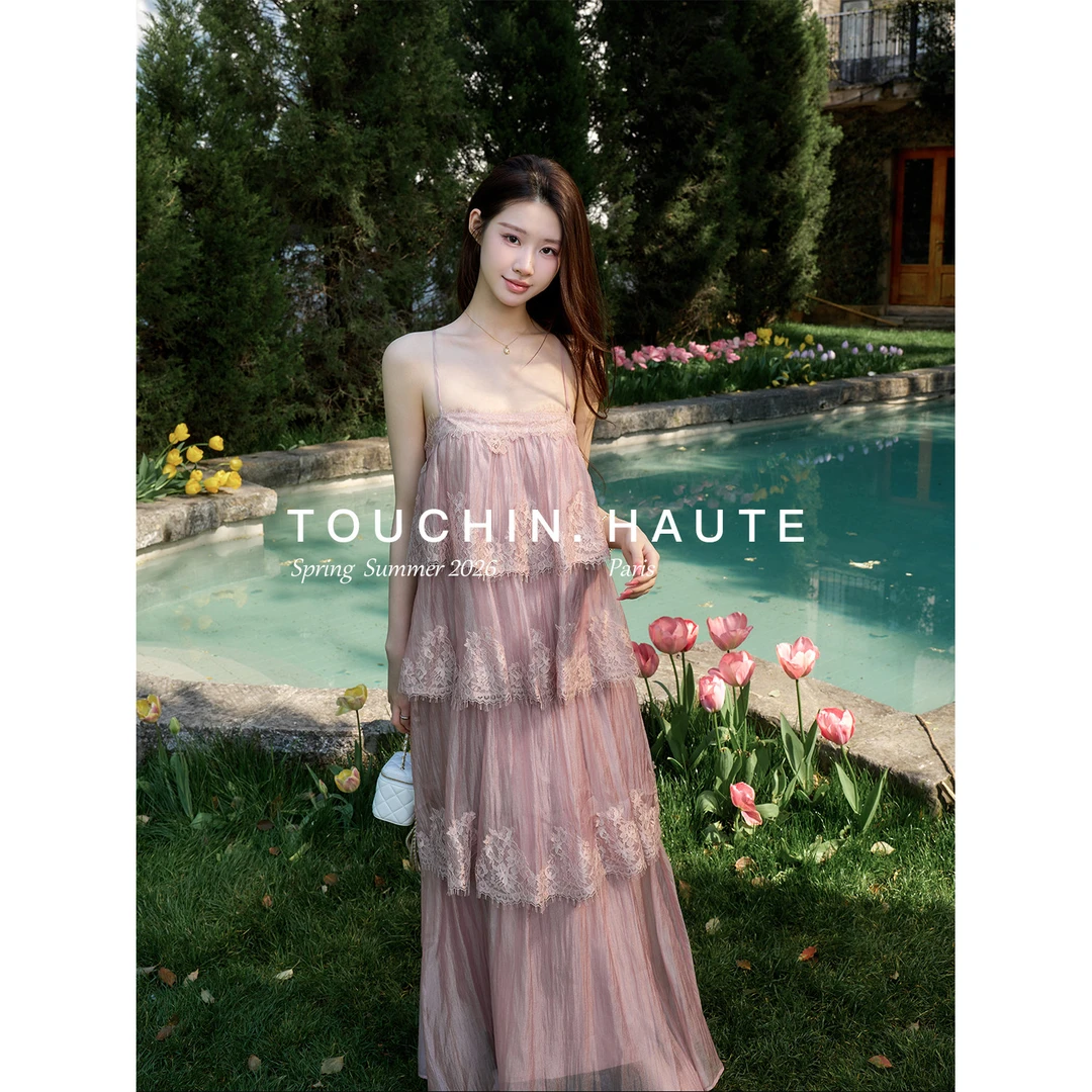 TOUCHIN HAUTE迷雾璃光 重工蕾丝拼接吊带连衣裙女蛋糕裙 长/短款