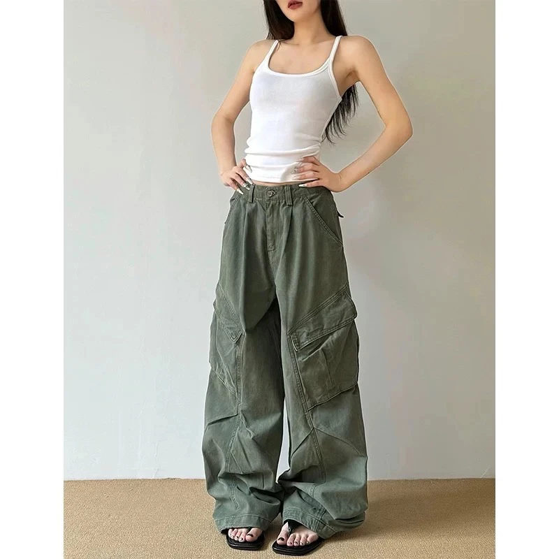 美式复古水洗做旧大口袋工装裤直筒阔腿褶皱长裤 070