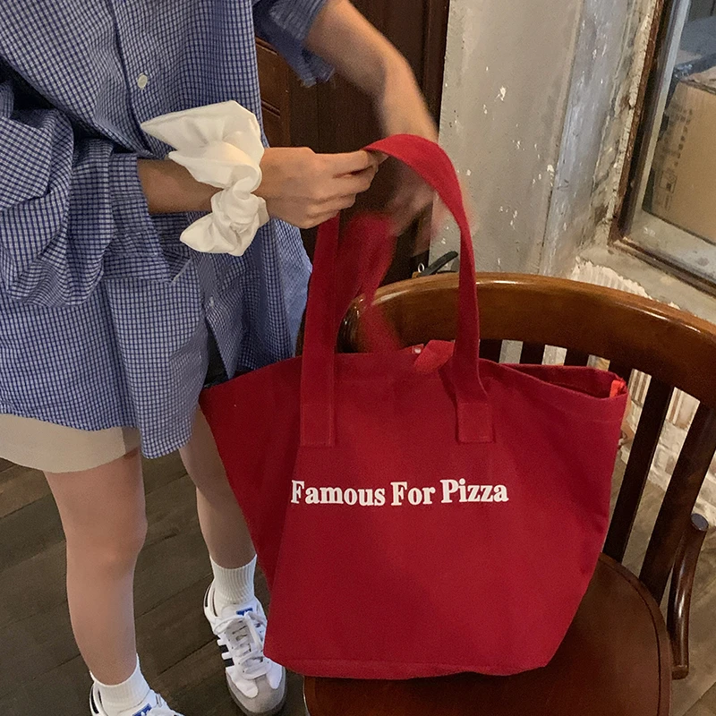 【我的头不圆】红色质感帆布单肩包简约字母流行精致布袋学生包包