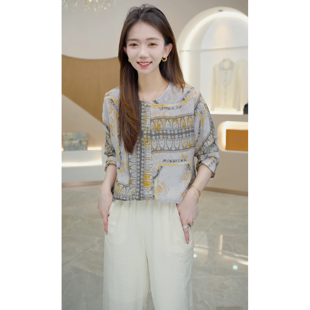 R H 【鎏金碎影】春夏新款气质显瘦休闲印花双绉衬衫S6581