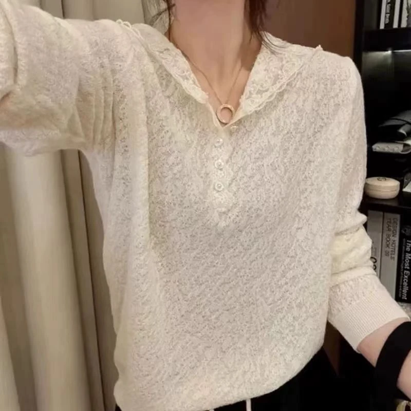 2025新款法式连帽蕾丝花边钩花上衣春季内搭高级感打底衫！