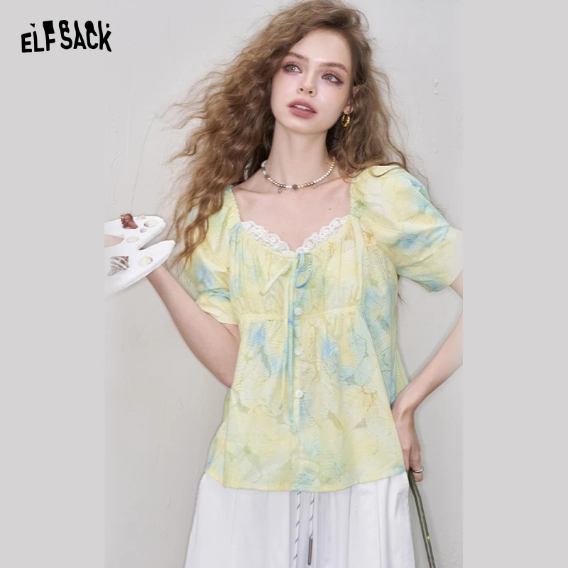 妖精的口袋蕾丝拼接泡泡袖衬衫女2025年夏季新款甜美气质法式上衣