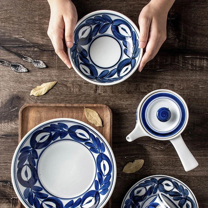 日本进口波佐见烧善山手绘蓝海草系列钵盘米饭碗面饭家用