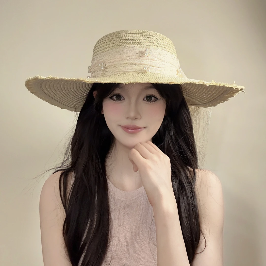 夏季新款蕾丝大蝴蝶结帽子女沙滩防晒草帽大帽檐户外防晒时尚百搭