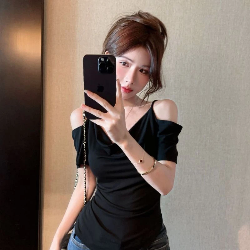 纯欲风不规则短袖女t恤夏显瘦修身独特绝美露肩短款上衣