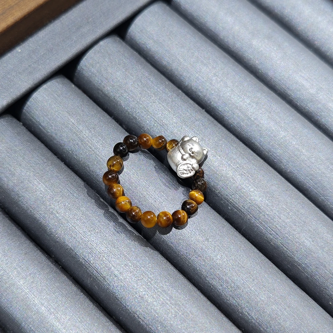 足银花岗岩戒指 虎眼石足银招财猫戒指5672