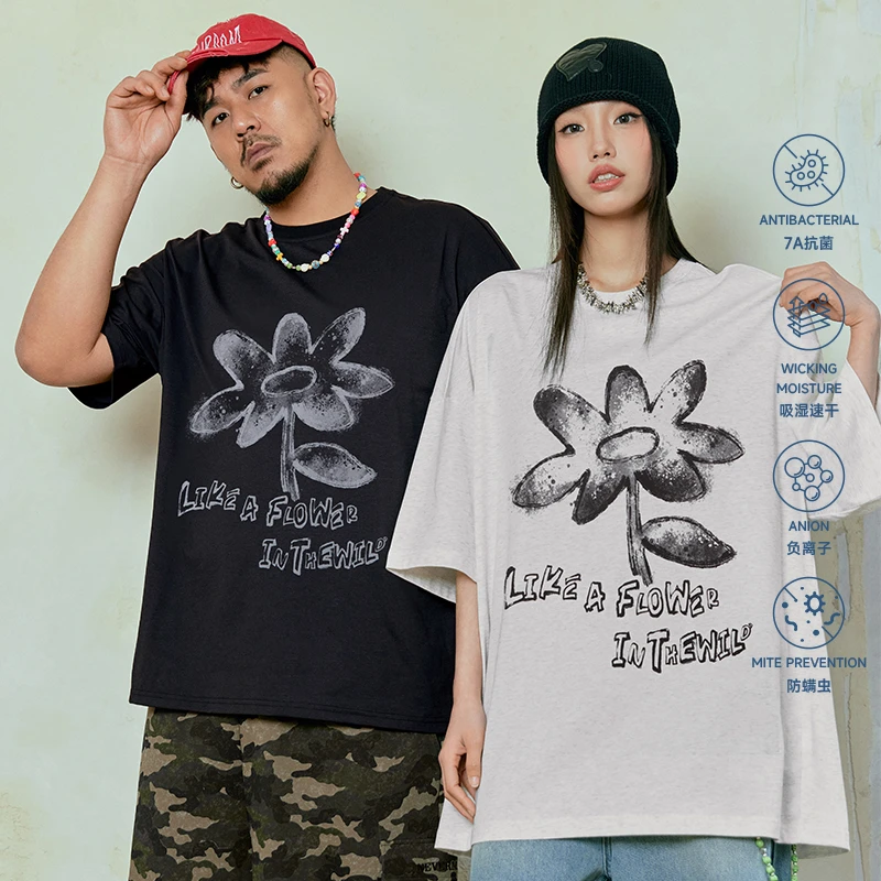 NMAX大码潮牌男装25年夏美式休闲涂鸦风花卉印花短袖T恤FNT094