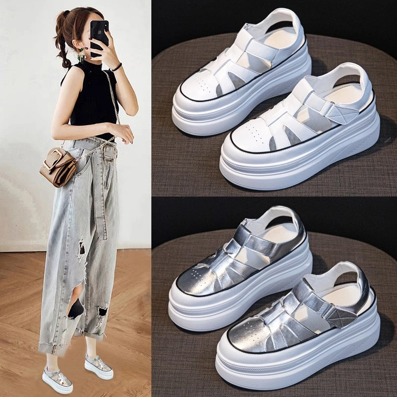 薄款透气真皮小白鞋女2025夏季新款松糕厚底百搭包头镂空运动凉鞋