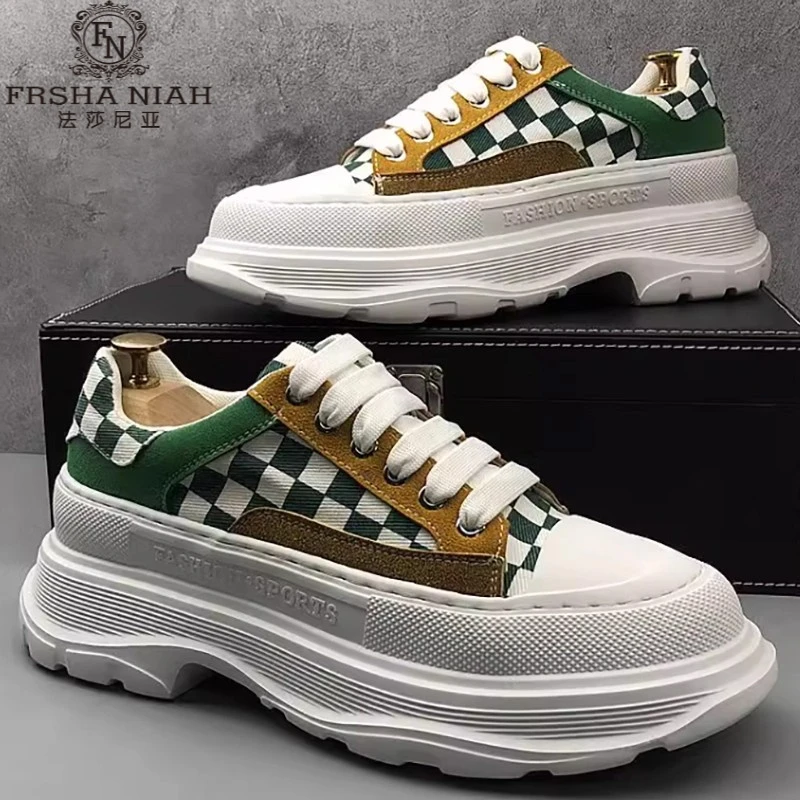 法莎尼亚透气轻薄男板鞋秋夏厚底帆布时尚棋盘汤姆猫男士帆布厚底