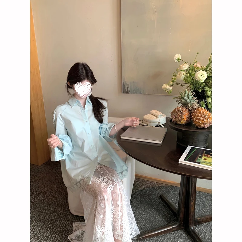 韩女套组 镂空蕾丝衬衫女A字半身裙设计感温柔气质两件套 80501