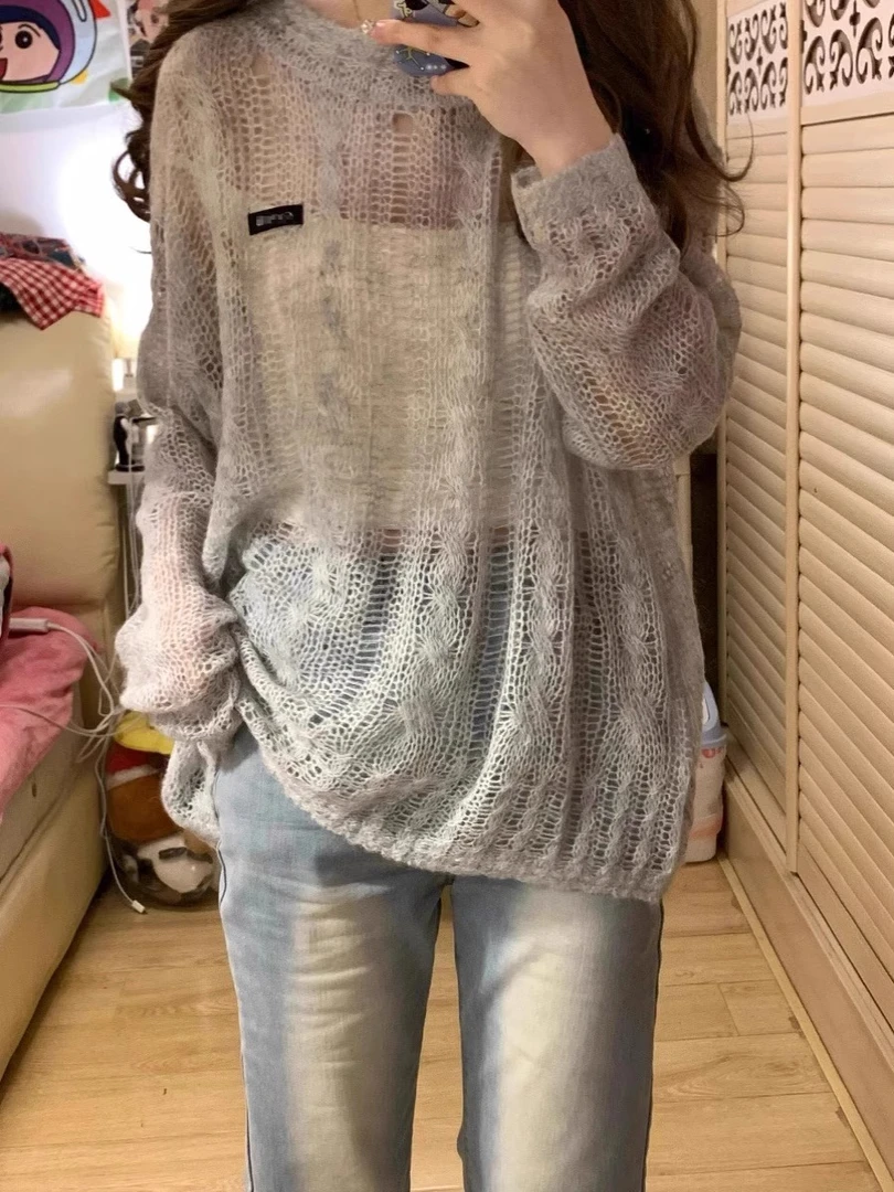 2025夏季薄款慵懒风防晒镂空罩衫女宽松外搭薄纱破洞美式针织上衣