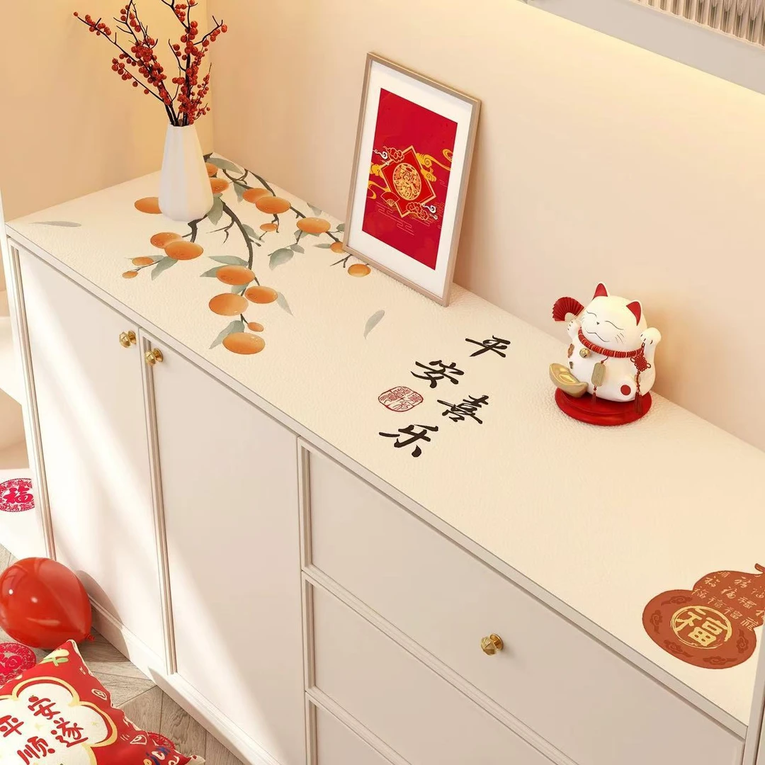 新年电视柜桌垫红色过年鞋柜台面垫轻奢高级感长条皮革台面保护垫