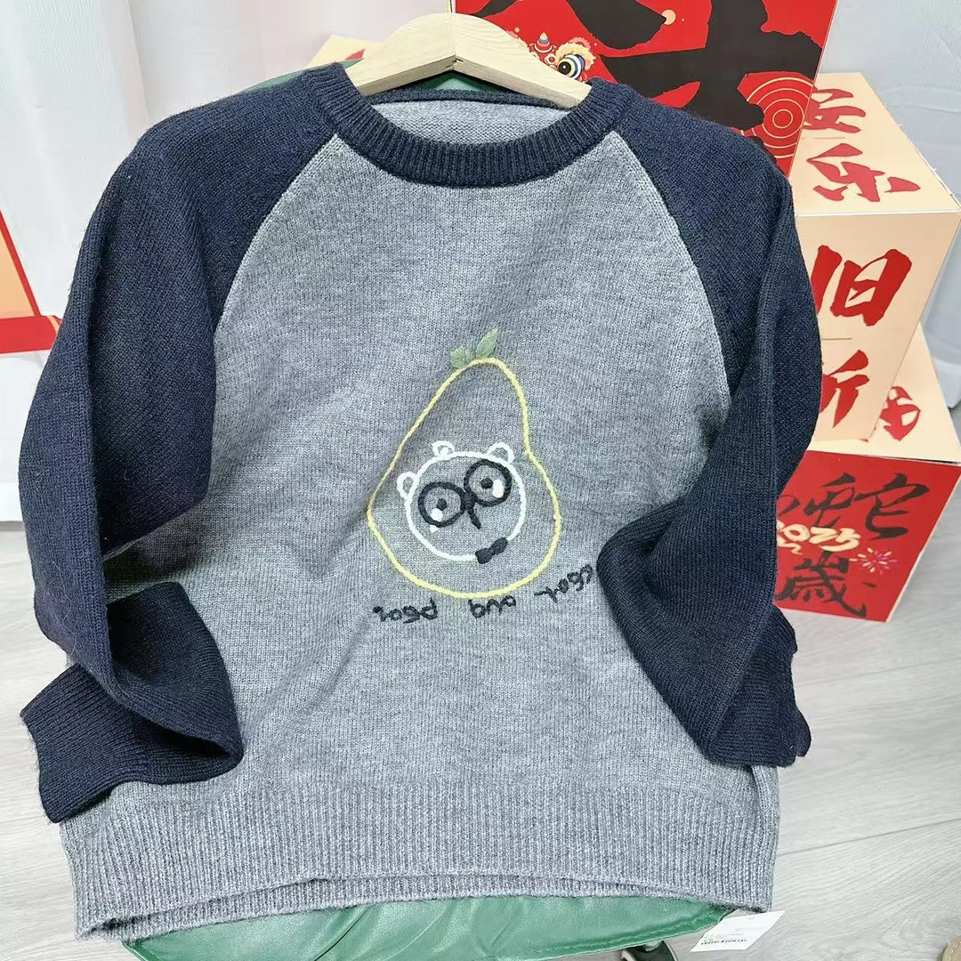 梨子圆领毛衣休闲减龄撞色针织上衣女8030