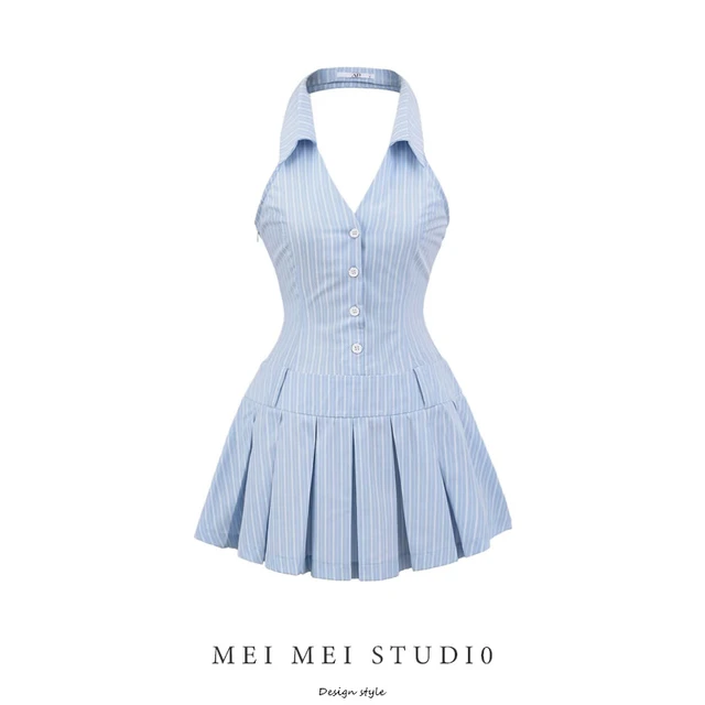 欲辣妹挂脖V领无袖连衣裙女夏季设计感气质收腰显瘦百褶a字短裙