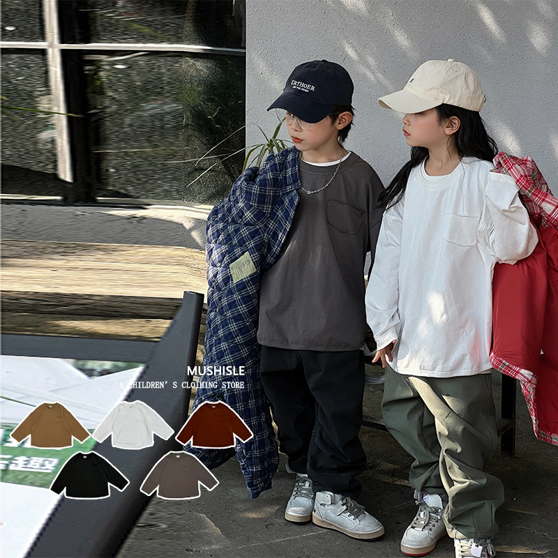 阿又日系男童纯色套头拼接休闲冬季宽松T恤外套百搭潮83118D