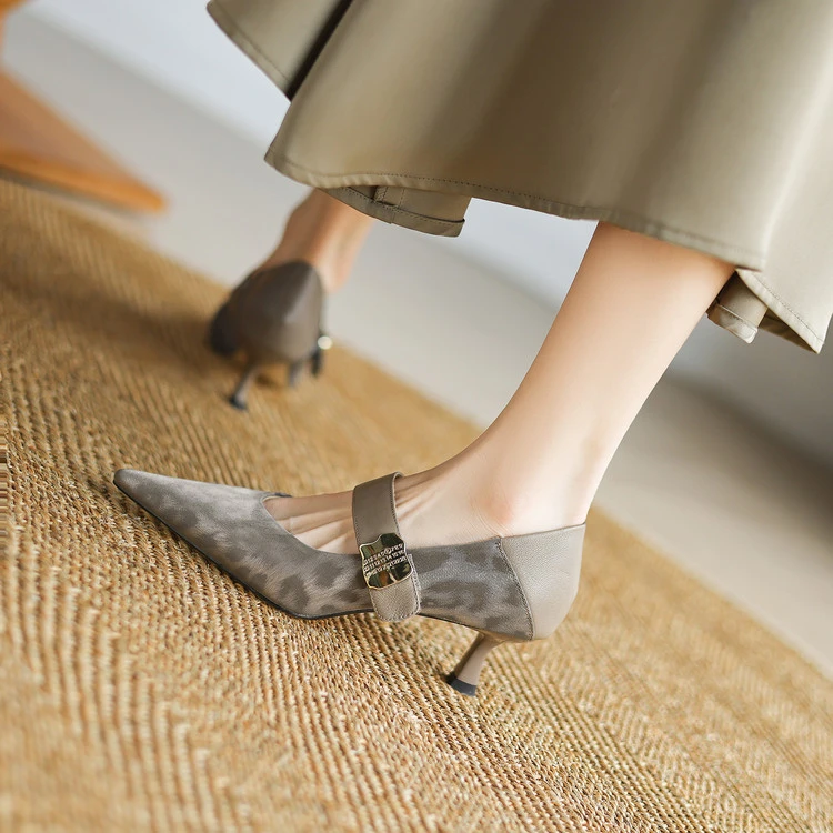春夏新款穆勒凤风尖头细跟绊带扣真皮手工女高跟浅口气质复古女鞋