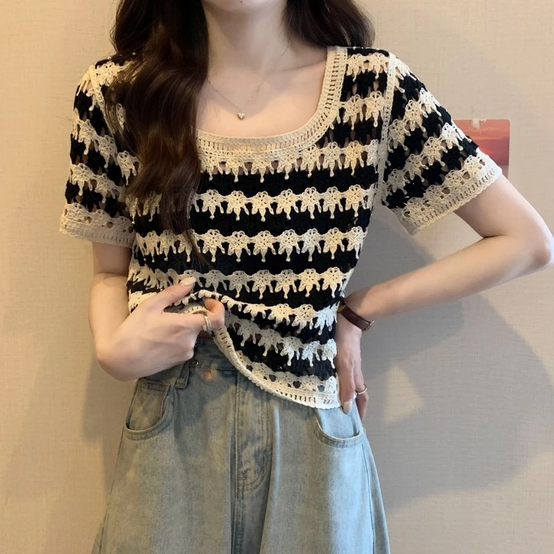 #领复古条纹短袖针织衫女夏季镂空钩花田园风小个子宽松短款
