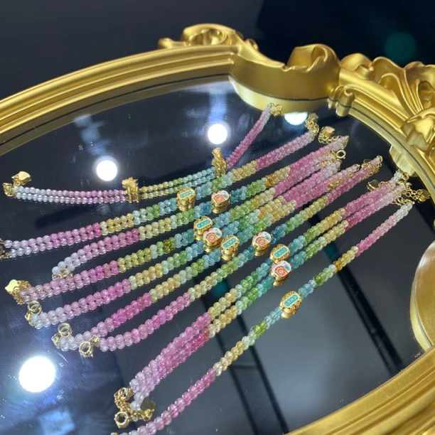 天然彩碧玺925银DIY手串3mm+