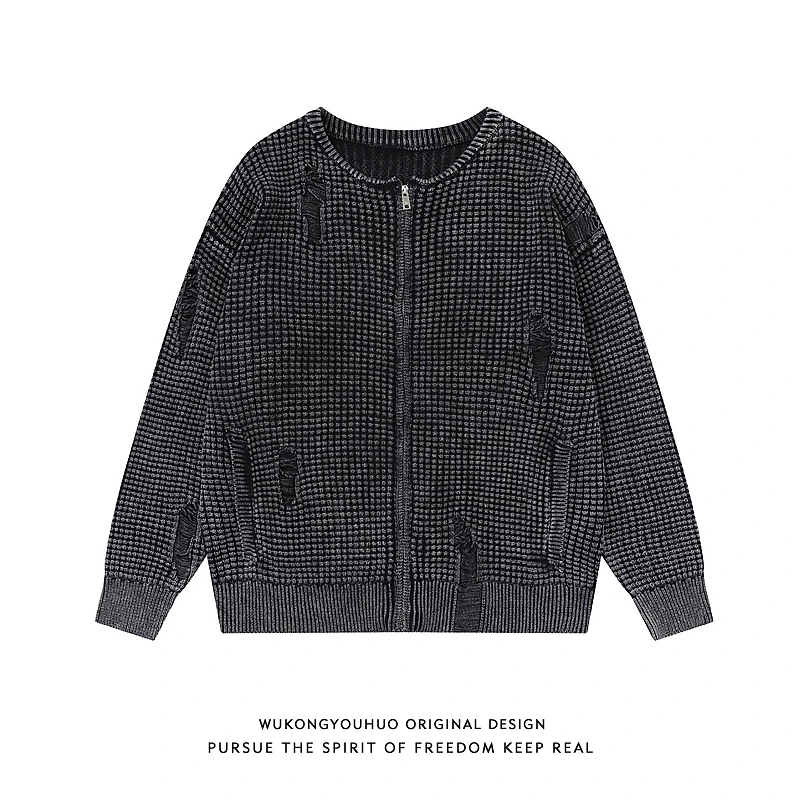 悟空有货水洗复古做旧拉链开衫毛衣男潮牌高街设计感破洞针织外套