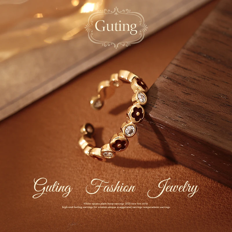 铜合金合成锆石戒指 2086金色花朵戒指女轻奢高级感闺蜜尾戒指环