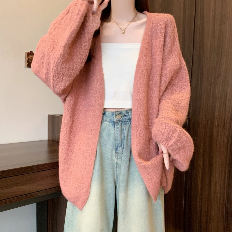 泡泡袖v领针织开衫女秋季新款宽松慵懒风百搭外套胖妹妹上衣长袖