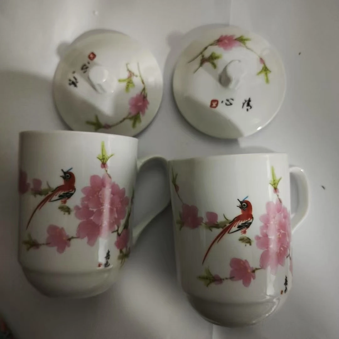 景德镇陶瓷水点桃花办公杯